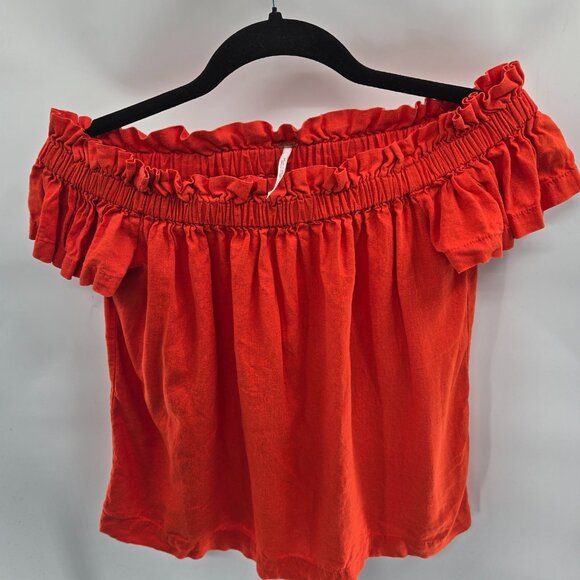 Free People Orange Off the Shoulder Short Sleeves Linen Blend Top Size 6 - Picture 1 of 8